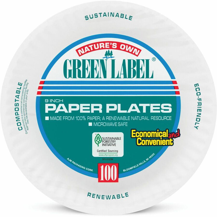 AJM 9" Green Label Economy Paper Plates - 100 / Bag - Microwave Safe - White - Paper Body - 12 / Carton