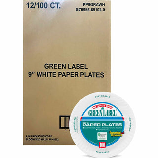 AJM 9" Green Label Economy Paper Plates - 100 / Bag - Microwave Safe - White - Paper Body - 12 / Carton