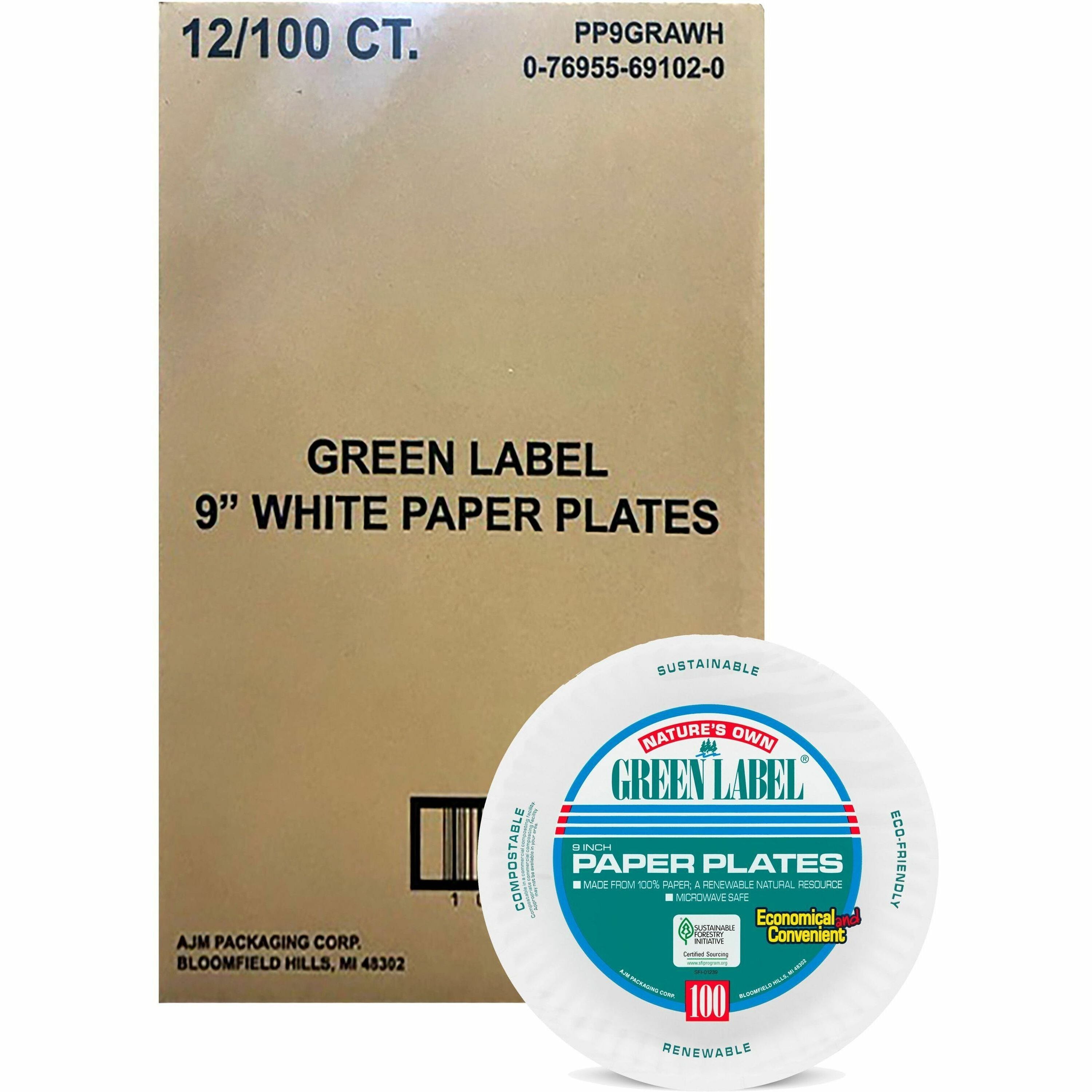 AJM 9" Green Label Economy Paper Plates - 100 / Bag - Microwave Safe - White - Paper Body - 12 / Carton