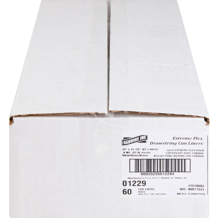 Genuine Joe Flexible Drawstring Trash Can Liners - Small Size - 13 gal Capacity - 24" Width x 25.13" Length - 0.90 mil (23 Micron) Thickness - Low Density - Drawstring Closure - White - Resin - 60/Carton