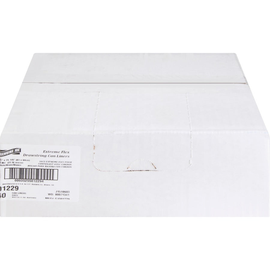 Genuine Joe Flexible Drawstring Trash Can Liners - Small Size - 13 gal Capacity - 24" Width x 25.13" Length - 0.90 mil (23 Micron) Thickness - Low Density - Drawstring Closure - White - Resin - 60/Carton