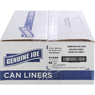Genuine Joe Flexible Drawstring Trash Can Liners - Medium Size - 30 gal Capacity - 30" Width x 32" Length - 1.05 mil (27 Micron) Thickness - Low Density - Drawstring Closure - Black - Resin - 42/Carton