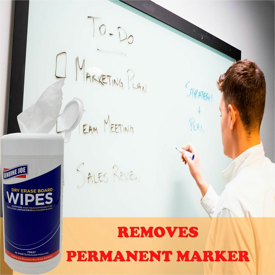 Genuine Joe Dry Erase Board Cleaning Wipes - 5.90" Width x 8.25" Length - Used as Shadow Remover, Ghost Remover - Non-toxic, Low Odor - White - 50 / Tub