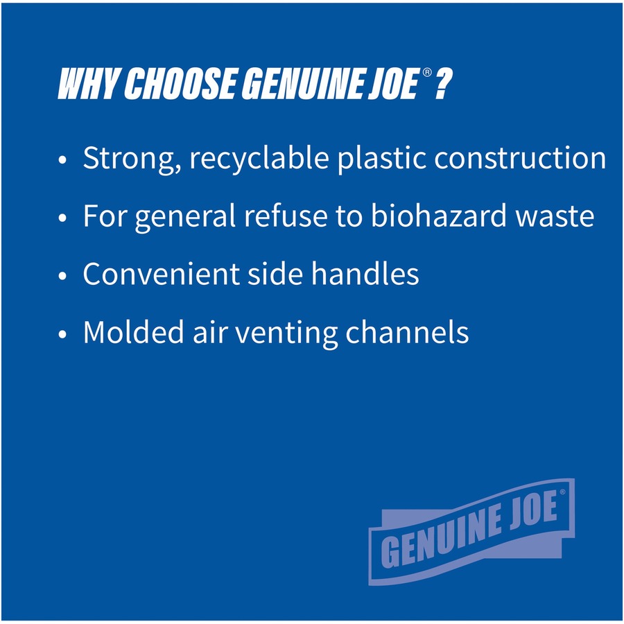 Genuine Joe Heavy-Duty Trash Container - 32 gal Capacity - Side Handle, Venting Channel - Plastic - Blue - 1 Each
