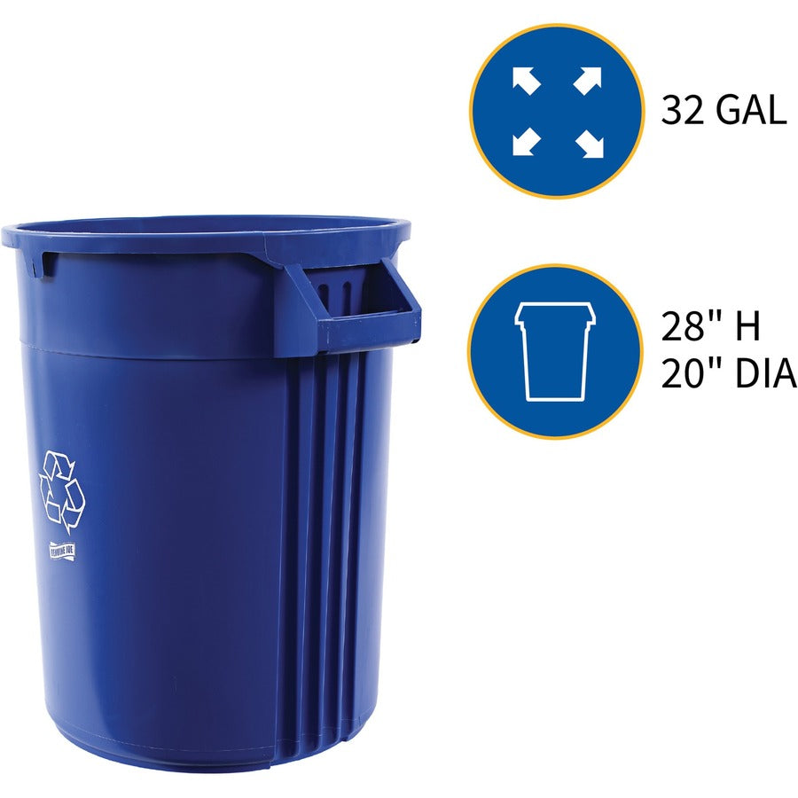 Genuine Joe Heavy-Duty Trash Container - 32 gal Capacity - Side Handle, Venting Channel - Plastic - Blue - 1 Each