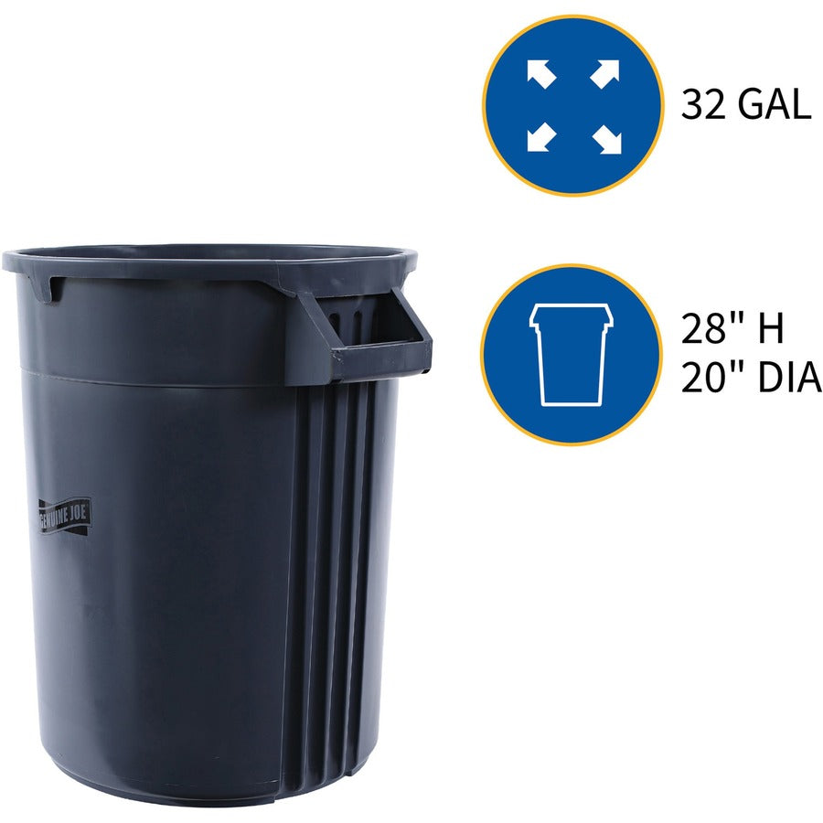 Genuine Joe Heavy-Duty Trash Container - 32 gal Capacity - Side Handle, Venting Channel - Plastic - Gray - 1 Each