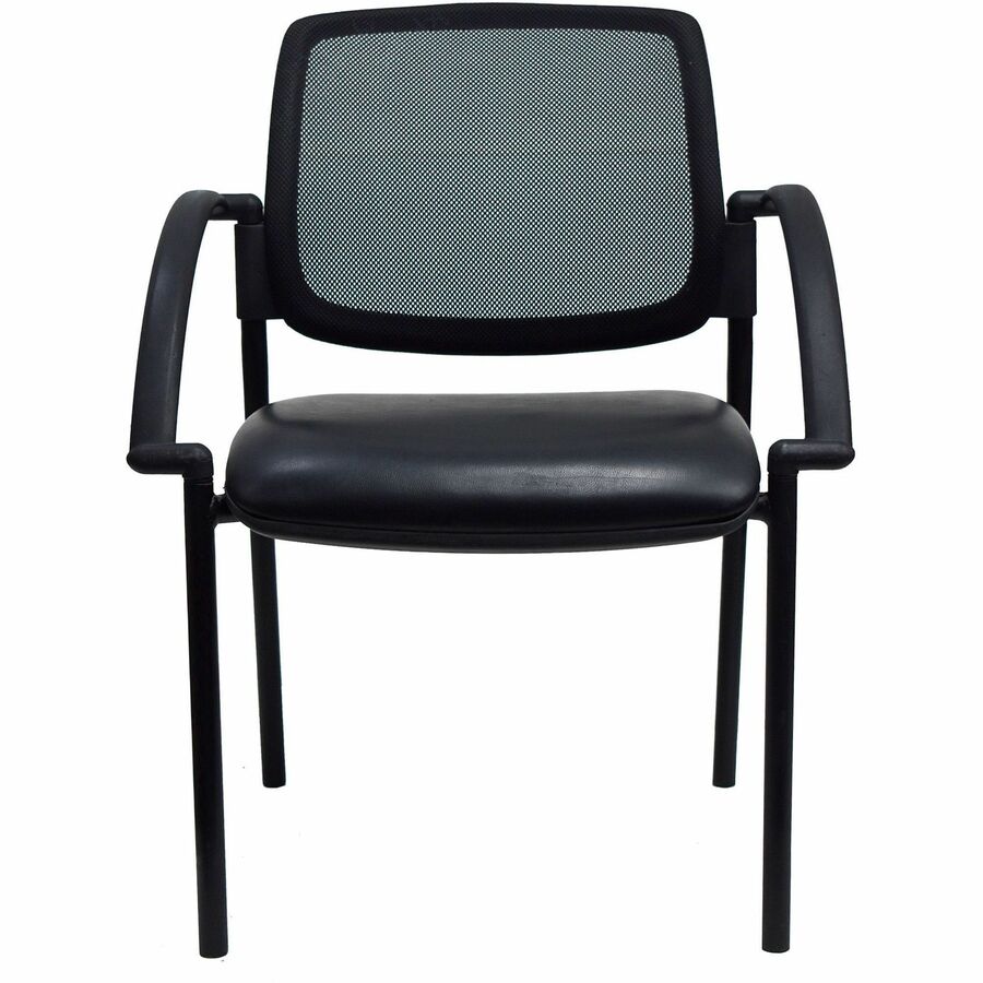 Lorell Mobile Mesh Back Guest Chair with Arms - Black Faux Leather Seat - Four-legged Base - Black - 1 Each