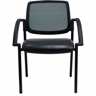 Lorell Mobile Mesh Back Guest Chair with Arms - Black Faux Leather Seat - Four-legged Base - Black - 1 Each