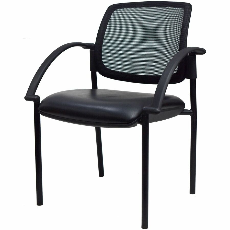Lorell Mobile Mesh Back Guest Chair with Arms - Black Faux Leather Seat - Four-legged Base - Black - 1 Each