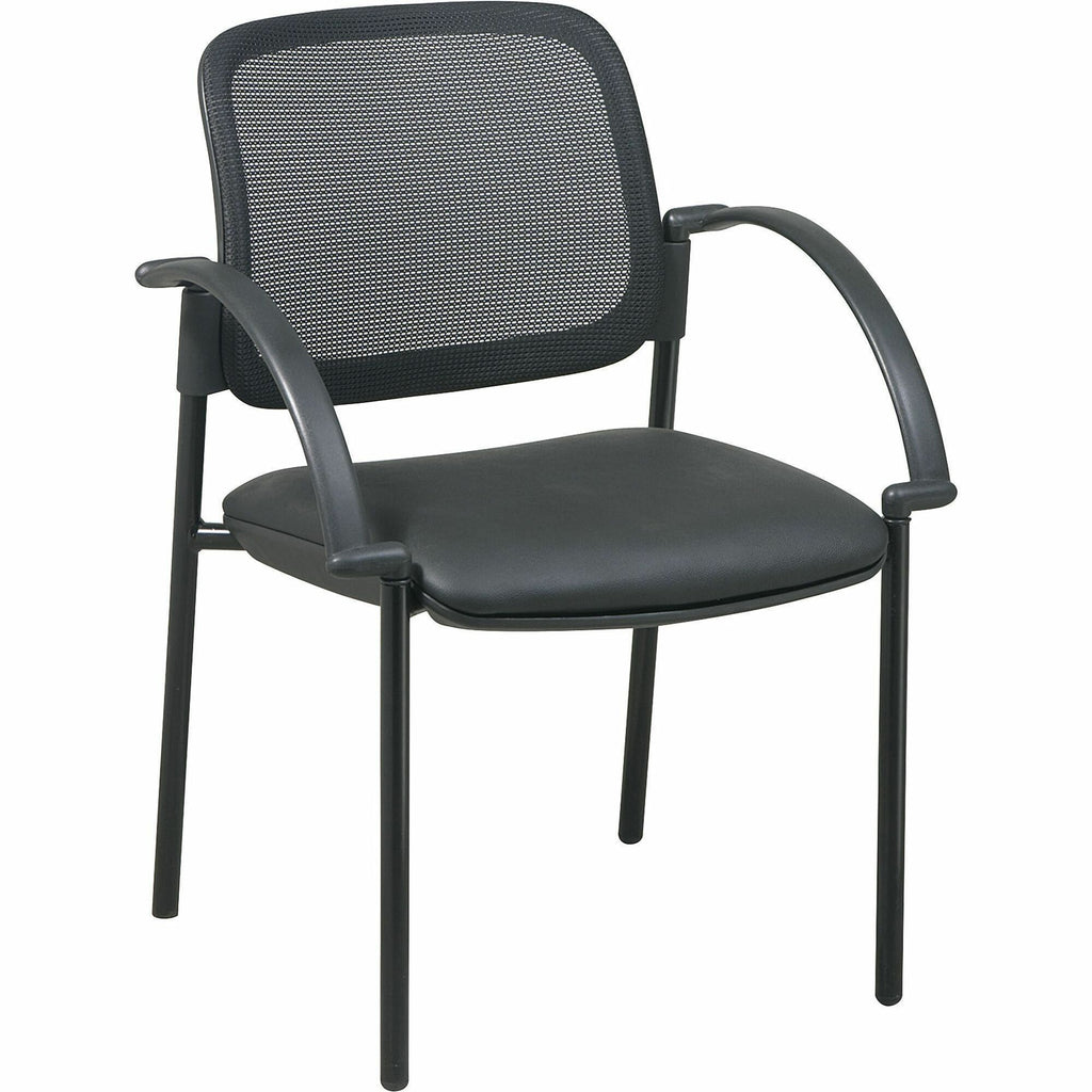 Lorell Mobile Mesh Back Guest Chair with Arms - Black Faux Leather Seat - Four-legged Base - Black - 1 Each - 