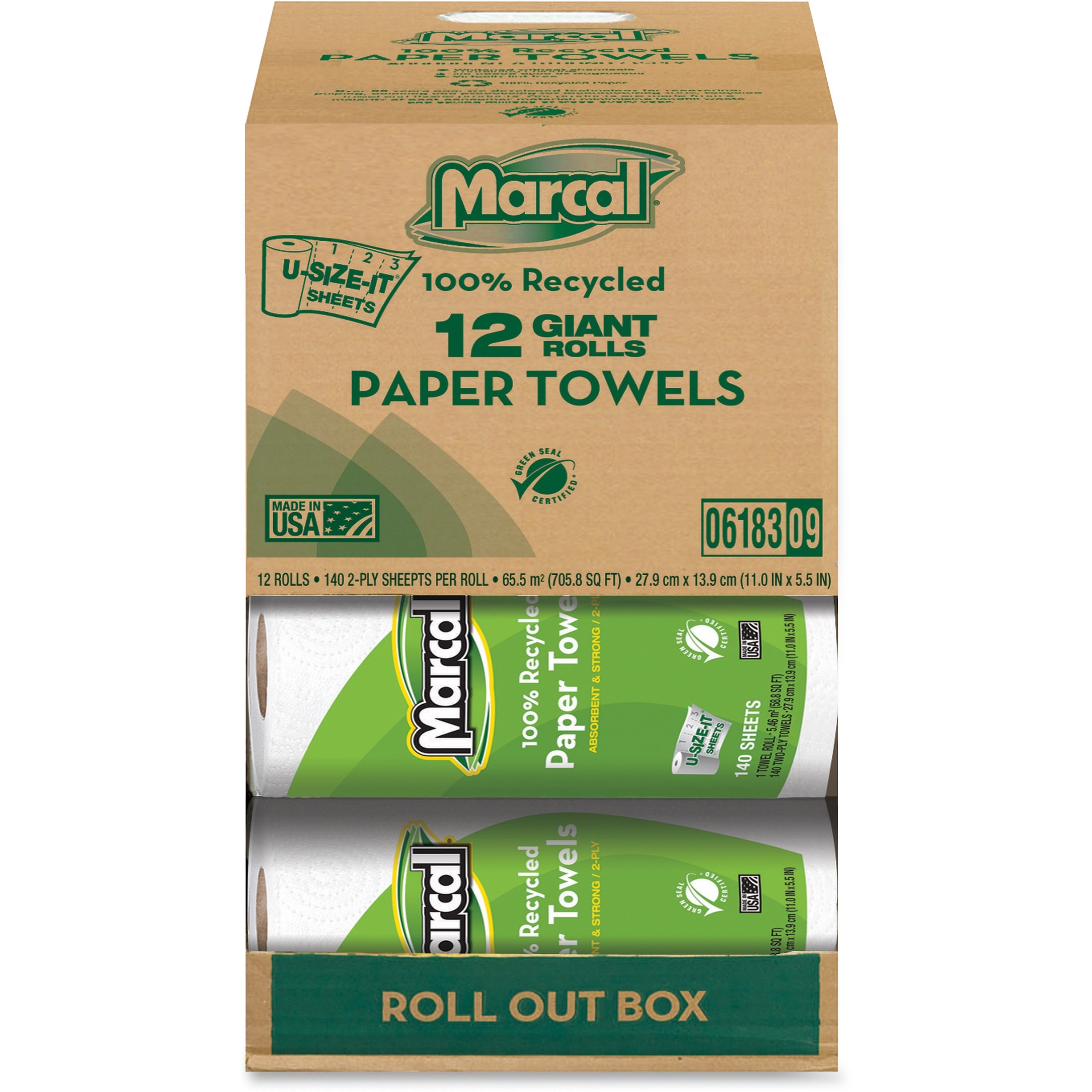 Marcal Giant Paper Towel in a Roll Out Carton - 2 Ply - 140 Sheets/Roll - White - Paper - Perforated - For Office Building, Washroom, Restroom - 12 / Carton - 
