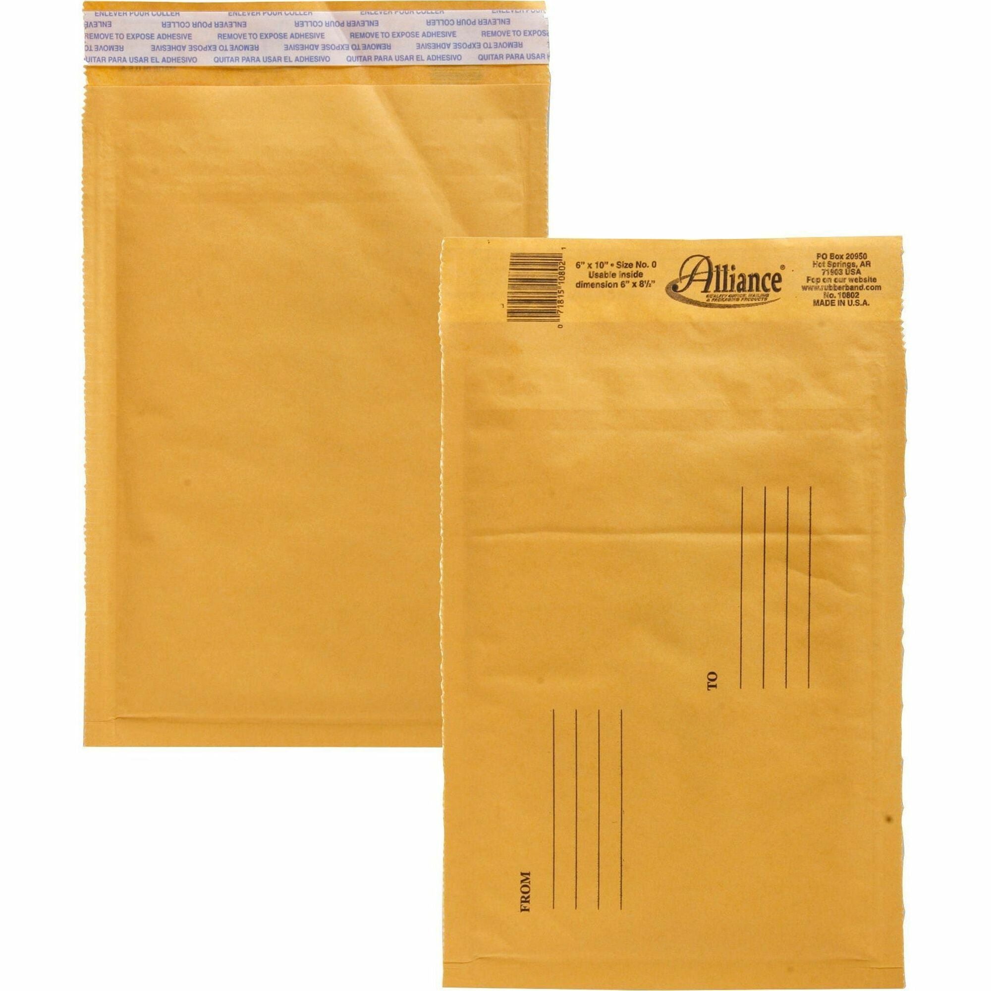 Alliance Rubber Kraft Bubble Mailers - Bubble - #0 - 6" Width x 10" Length - Peel & Seal - Paper - 25 / Carton - Kraft - 