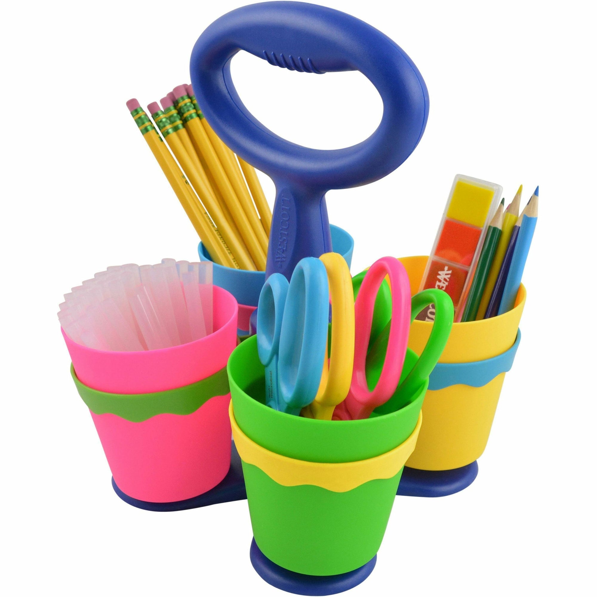 Scissor Caddy with Kids' Scissors, 5" Long, 2" Cut Length, Light Blue; Light Green; Pink; Yellow, Straight Handles, 24/Set