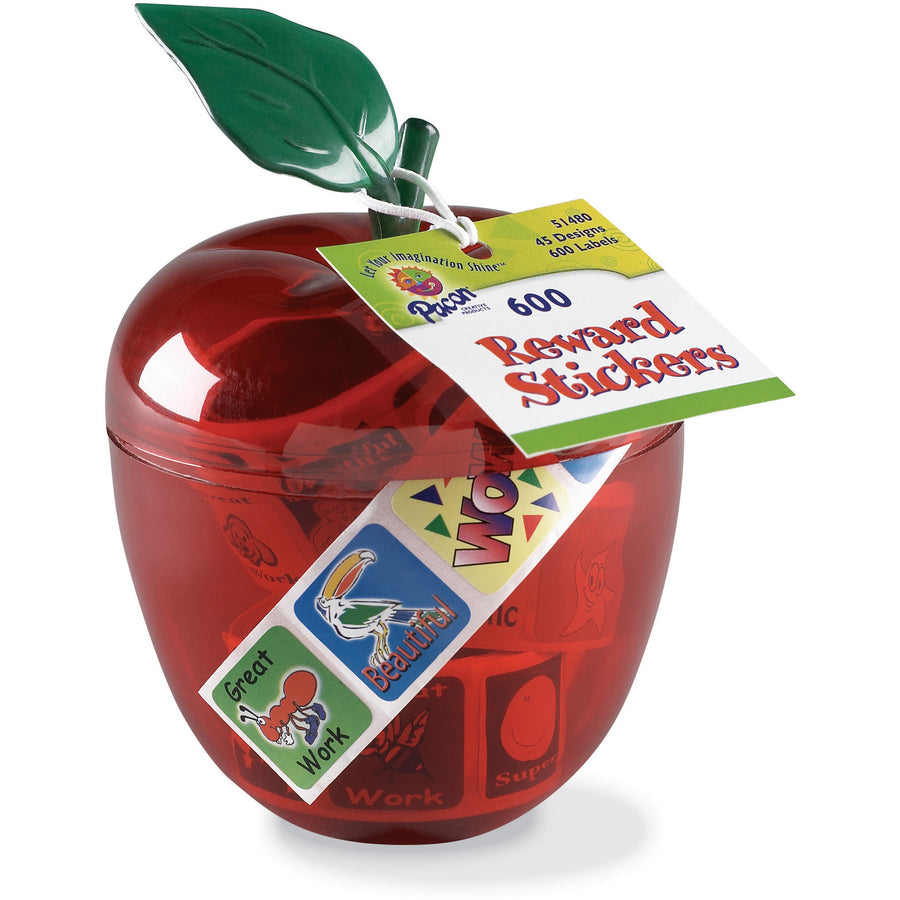 Pacon Plastic Apple Reward Stickers - 1" Height x 1" Width x 4" Length - Red - Plastic - 600 / Pack - 