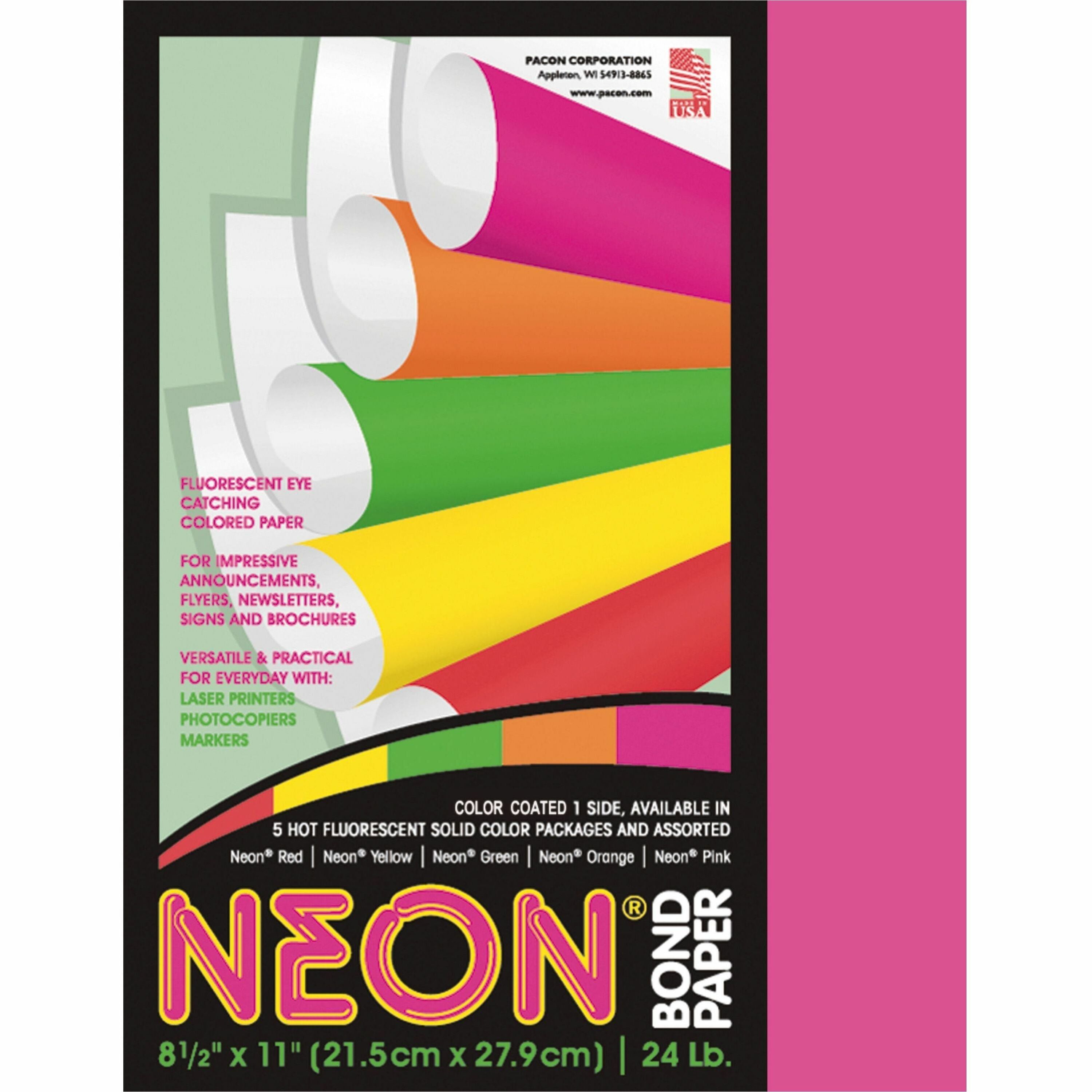 Pacon Neon Multipurpose Paper - Pink - Letter - 8.50" x 11" - 24 lb Basis Weight - 100 Sheets/Pack - Bond Paper - Neon Pink - 