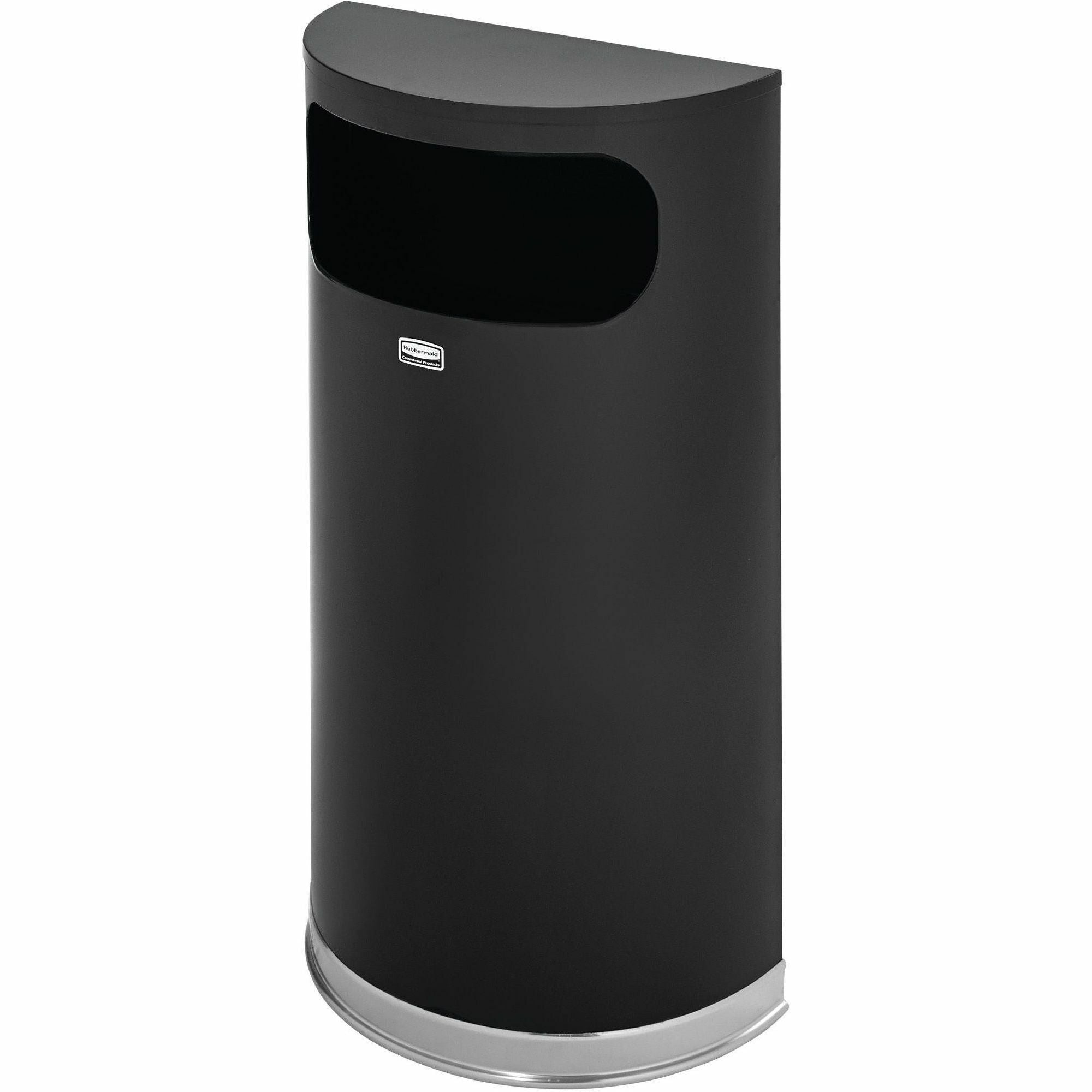 Rubbermaid Commercial Black/Chrome Half Round Receptacle - 9 gal Capacity - Semicircular - 32" Height x 18" Width x 9" Depth - Stainless Steel - Chrome - 1 Each