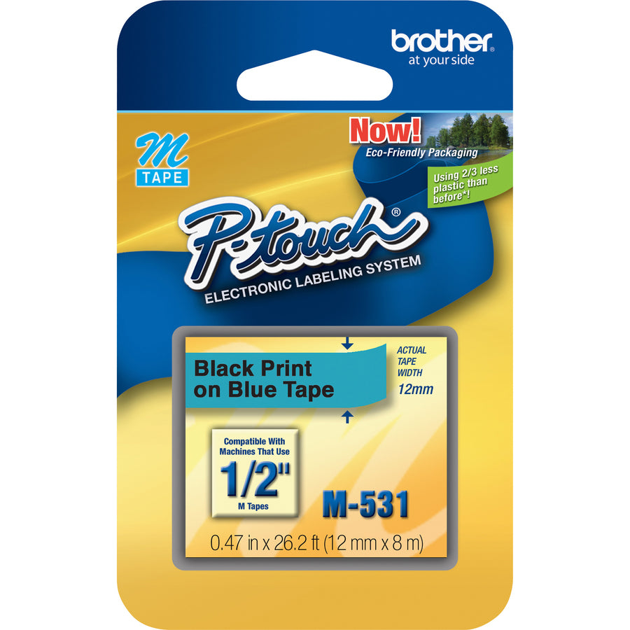 Brother P-touch Nonlaminated M Series Tape Cartridge - 1/2" Width x 26 1/5 ft Length - Rectangle - Blue, Black - 1 Each - Non-laminated, Self-adhesive - 2