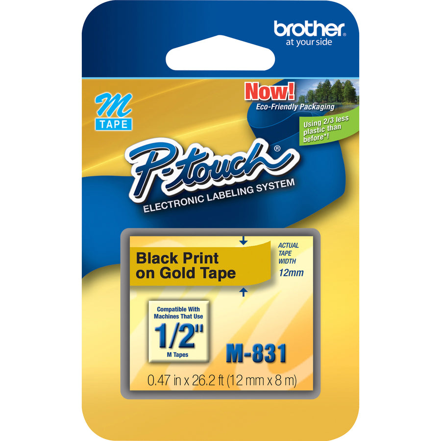 Brother P-touch Nonlaminated M Series Tape Cartridge - 1/2" Width - Rectangle - Gold, Black - 1 Each - 2