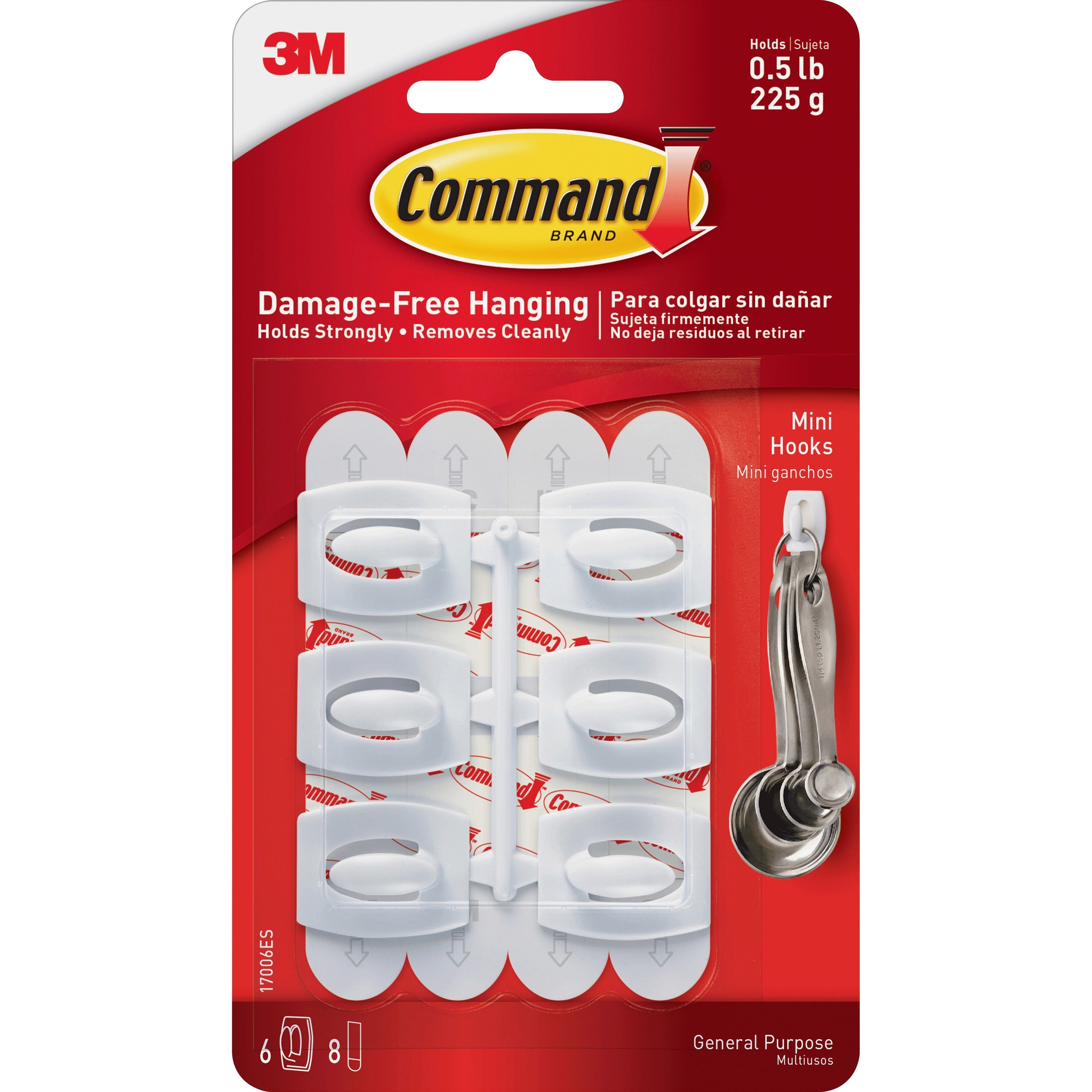 Command Mini White Hooks with White Strips - 6 Small Hook - 8 oz (226.8 g) Capacity - Plastic - White - 6 / Pack - 