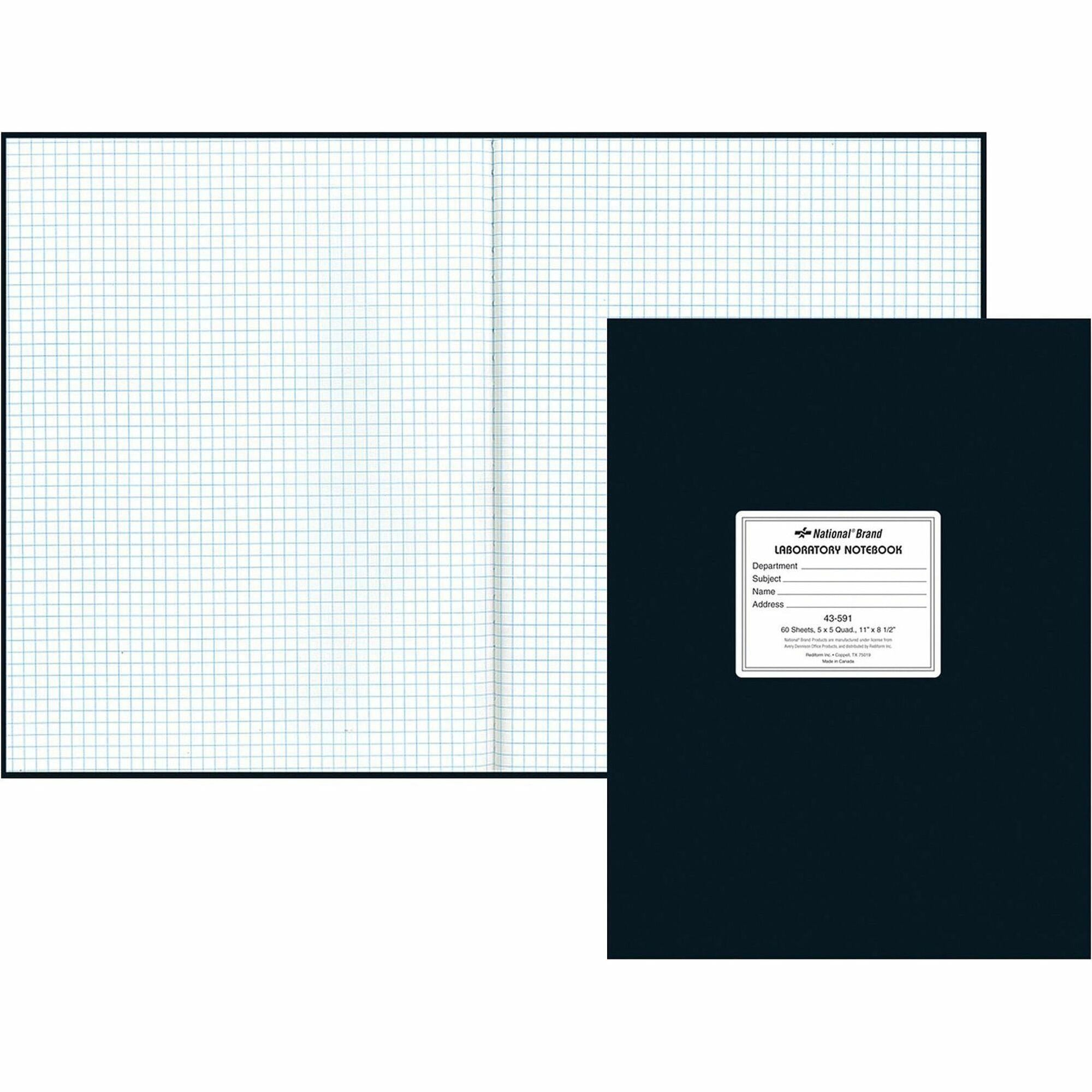 Rediform Quad Ruled Laboratory Notebook - 60 Sheets - 8 1/2" x 11" - White Paper - Black Cover - Hard Cover, Heavyweight - Recycled - 1 Each - 