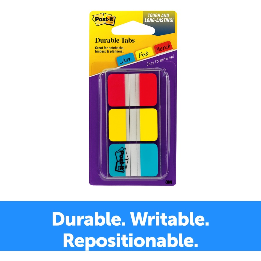 Post-it Durable Tabs - 36 Write-on Tab(s) - 1.50" Tab Height x 1" Tab Width - Red, Yellow, Blue Tab(s) - Wear Resistant, Tear Resistant, Repositionable - 1 / Pack