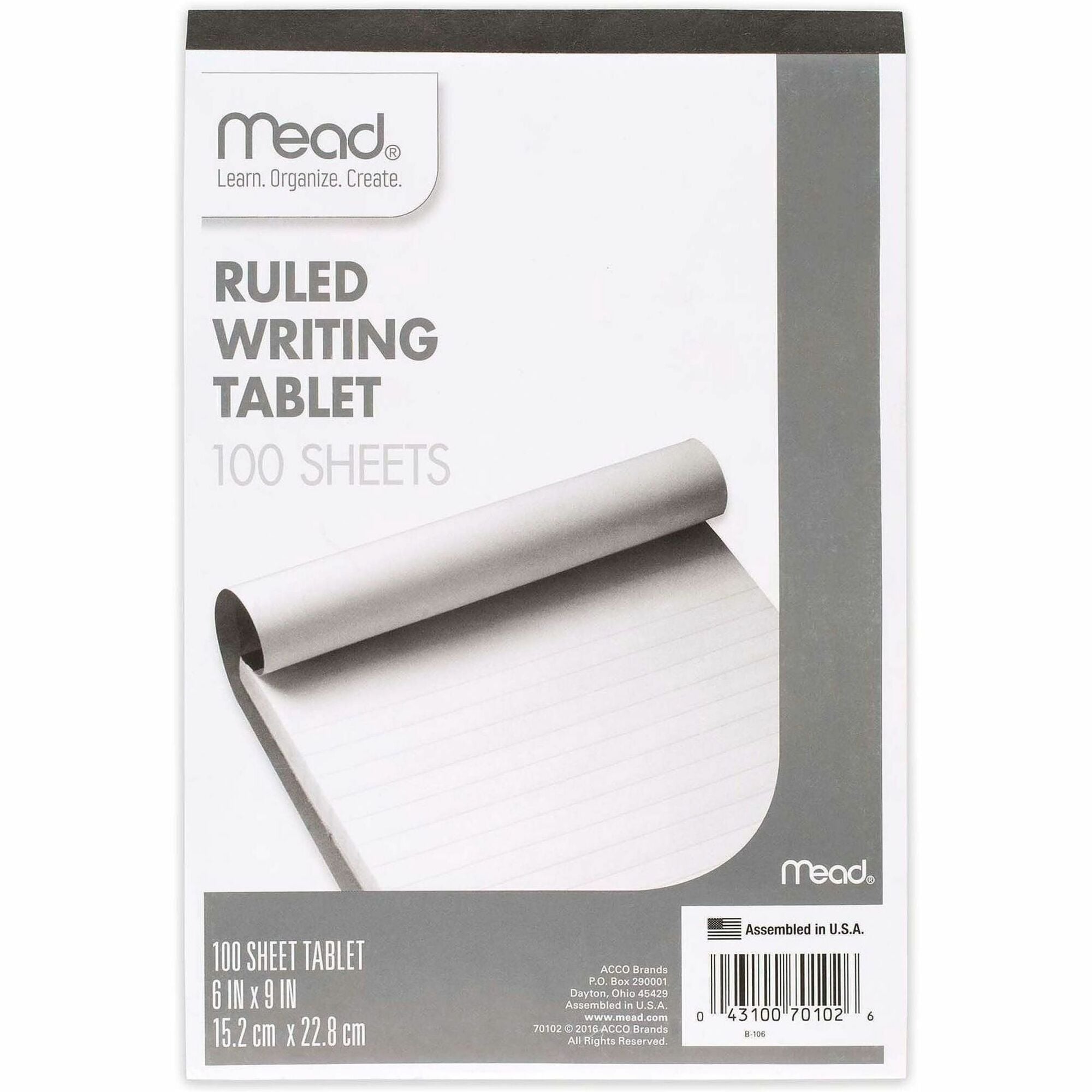 Mead Ruled Writing Tablet - 100 Sheets - Ruled - 20 lb Basis Weight - 6" x 9" - White Paper - 1 Each