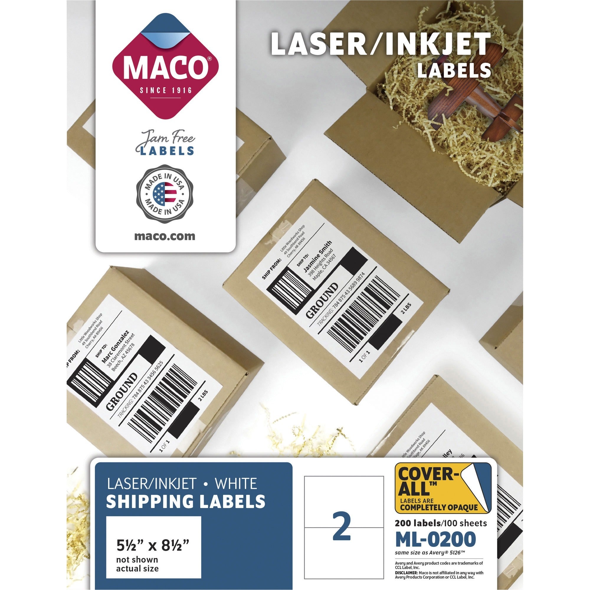 Cover-All Opaque Laser/Inkjet Shipping Labels, Internet Format, 5.5 x 8.5, White, 2 Labels/Sheet, 100 Sheets/Box