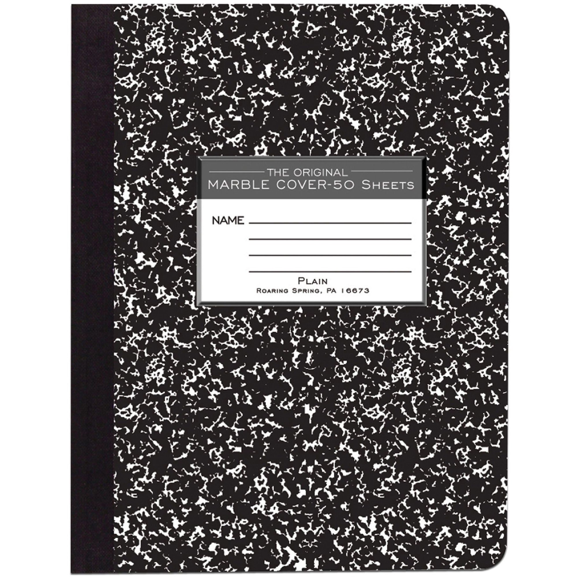 Roaring Spring Unruled Hard Cover Composition Book - 50 Sheets - 100 Pages - Plain - Sewn/Tapebound - 15 lb Basis Weight - 56 g/m2 Grammage - 9 3/4" x 7 1/2" - 0.25" x 7.5" x 9.8" - White Paper - Black Binding - 1 Each