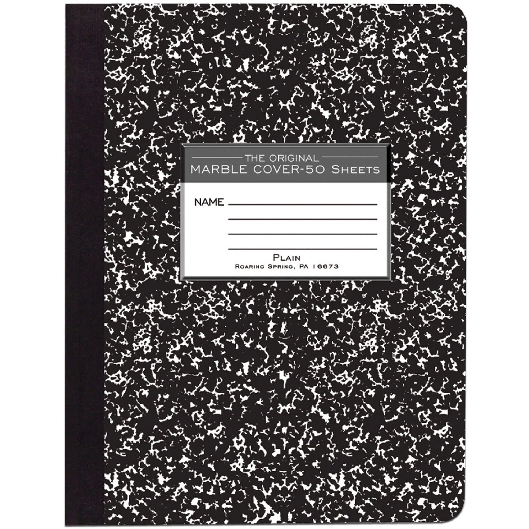 Roaring Spring Unruled Hard Cover Composition Book - 50 Sheets - 100 Pages - Plain - Sewn/Tapebound - 15 lb Basis Weight - 56 g/m2 Grammage - 9 3/4" x 7 1/2" - 0.25" x 7.5" x 9.8" - White Paper - Black Binding - 1 Each - 