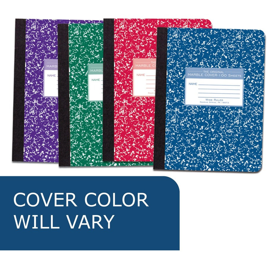 Roaring Spring Wide Ruled Hard Cover Composition Book - 100 Sheets - 200 Pages - Printed - Sewn/Tapebound - Both Side Ruling Surface - Ruled Red Margin - 15 lb Basis Weight - 56 g/m2 Grammage - 9 3/4" x 7 1/2" - 0.50" x 7.5" x 9.8" - White Paper - 