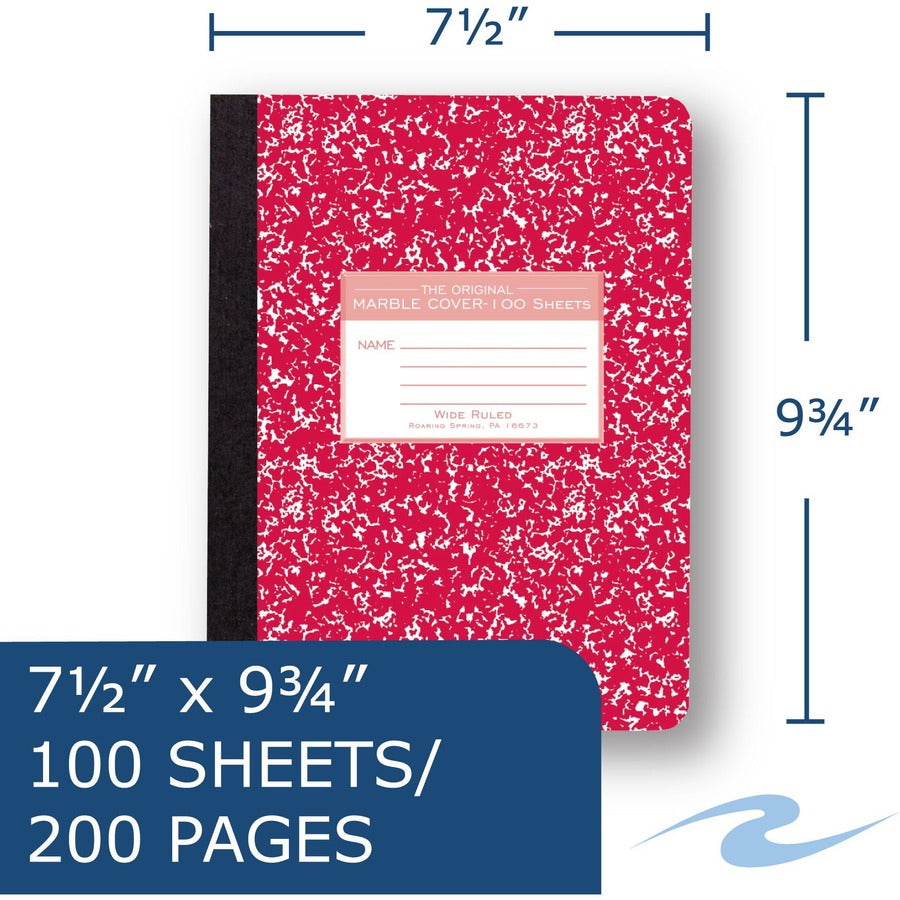 Roaring Spring Wide Ruled Hard Cover Composition Book - 100 Sheets - 200 Pages - Printed - Sewn/Tapebound - Both Side Ruling Surface - Ruled Red Margin - 15 lb Basis Weight - 56 g/m2 Grammage - 9 3/4" x 7 1/2" - 0.50" x 7.5" x 9.8" - White Paper - 