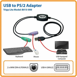 USB to PS/2 Adapter for Keyboard and Mouse, USB-A Male to (2) PS/2 Female, 18