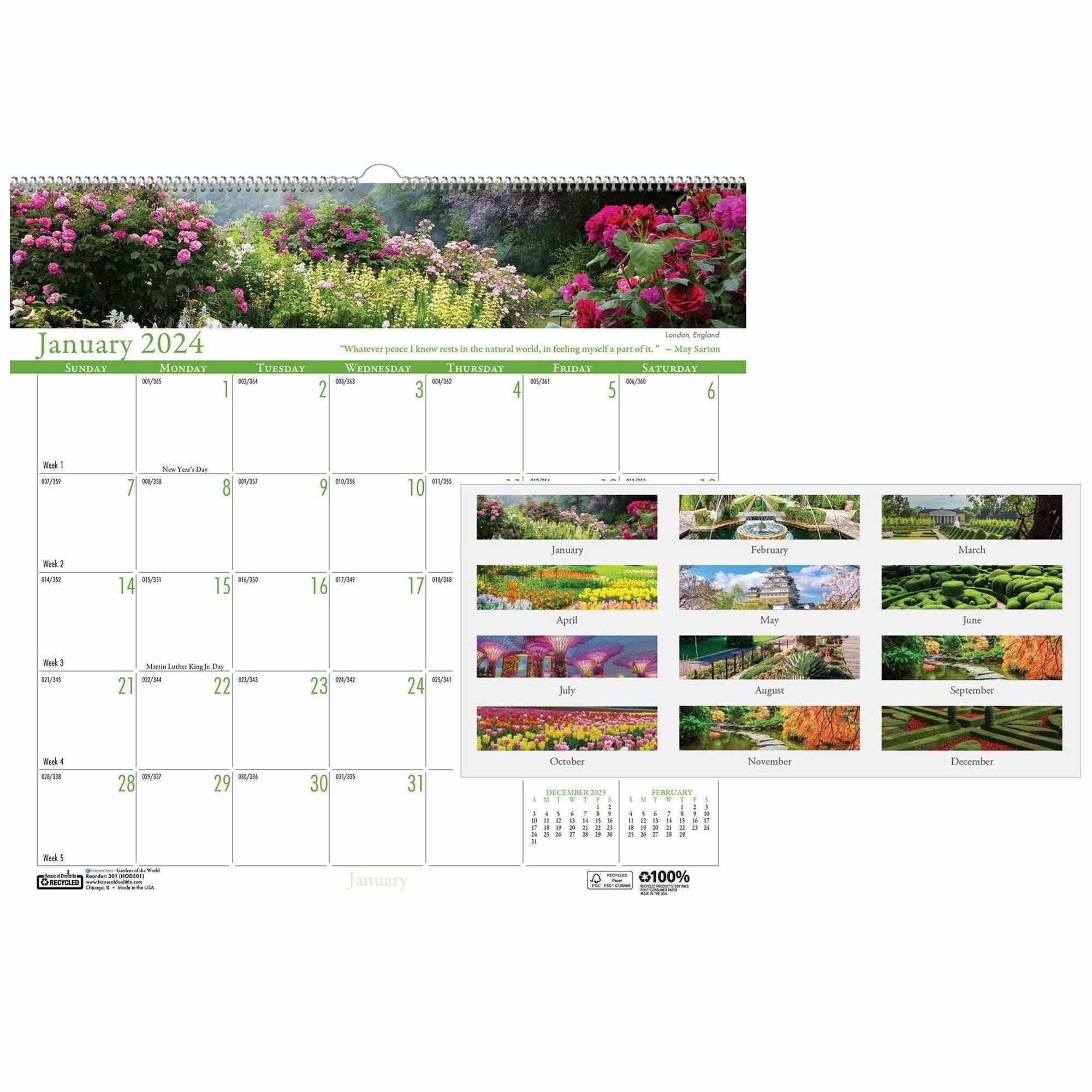 House of Doolittle Earthscapes Gardens Wall Calendar - Julian Dates - Monthly - 1 Year - January 2024 - December 2024 - 1 Month Single Page Layout - 12" x 12" Sheet Size - 1.63" x 1.63" Block - Wire Bound - White - Paper, Chipboard - Reference Calend