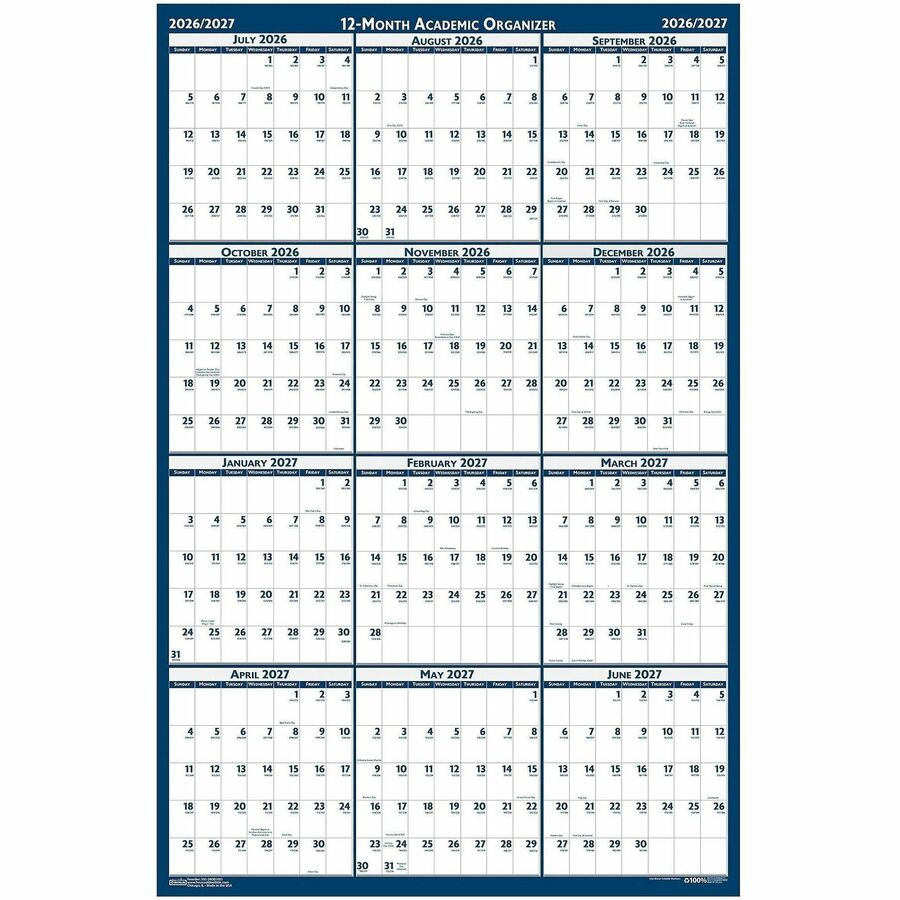 Academic Year Recycled Poster Style Reversible/Erasable Yearly Wall Calendar, 24 x 37, 12-Month (July to June): 2023 to 2024