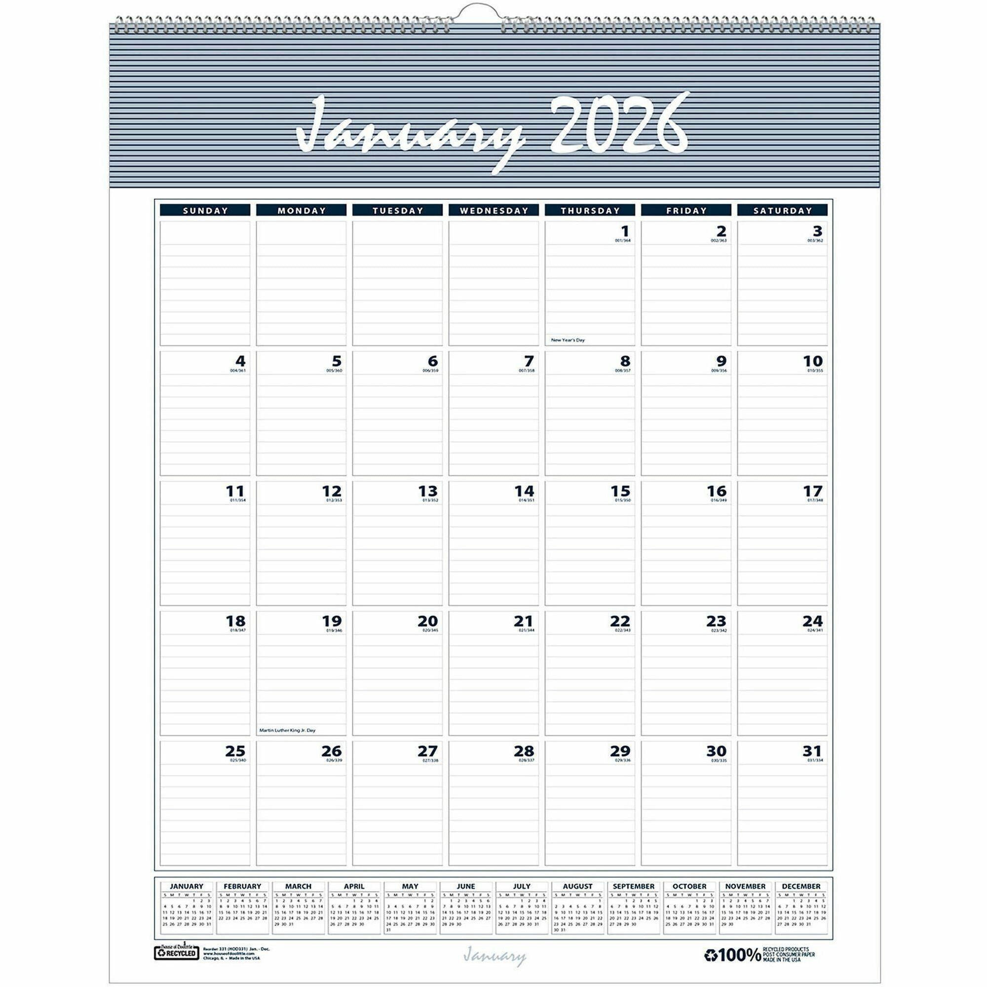 Bar Harbor Recycled Wirebound Monthly Wall Calendar, 8.5 x 11, White/Blue/Gray Sheets, 12-Month (Jan-Dec): 2024