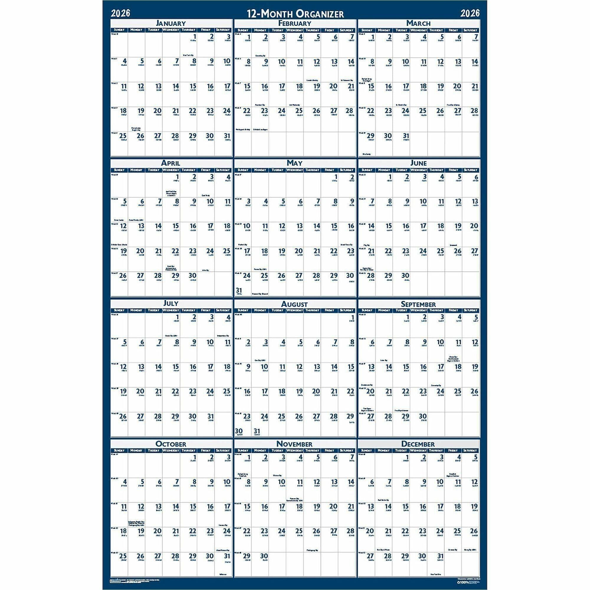 Recycled Poster Style Reversible/Erasable Yearly Wall Calendar, 66 x 33, White/Blue/Gray Sheets, 12-Month (Jan to Dec): 2024