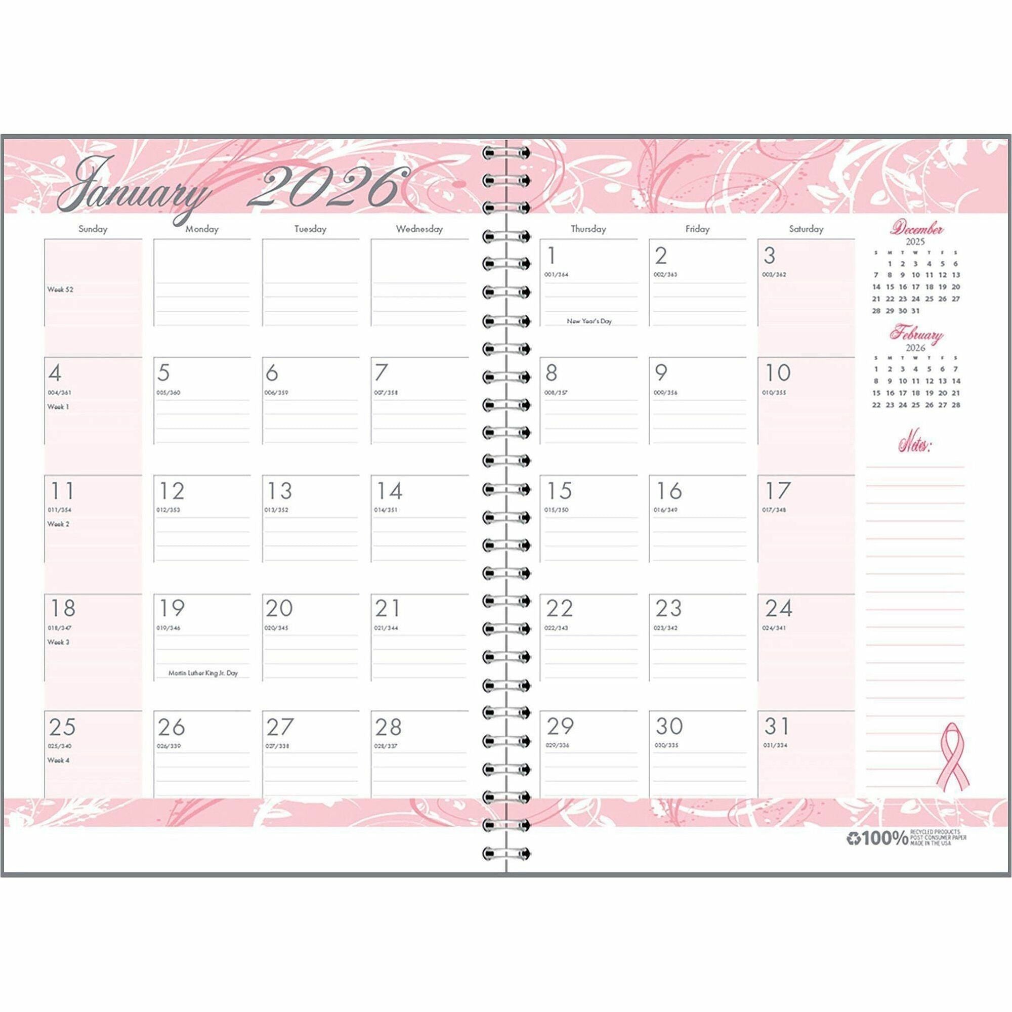 Breast Cancer Awareness Recycled Ruled Monthly Planner/Journal, 10 x 7, Pink Cover, 12-Month (Jan to Dec): 2024