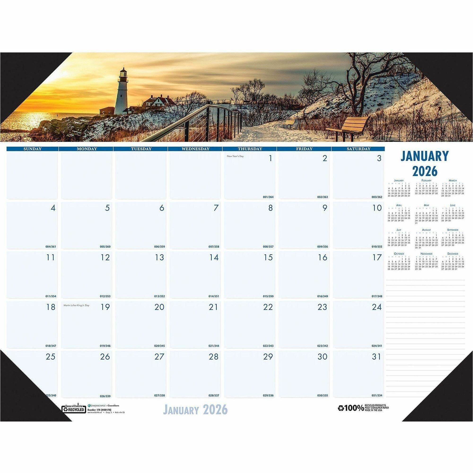 Earthscapes Recycled Monthly Desk Pad Calendar, Coastlines Photos, 22 x 17, Black Binding/Corners,12-Month (Jan-Dec): 2024
