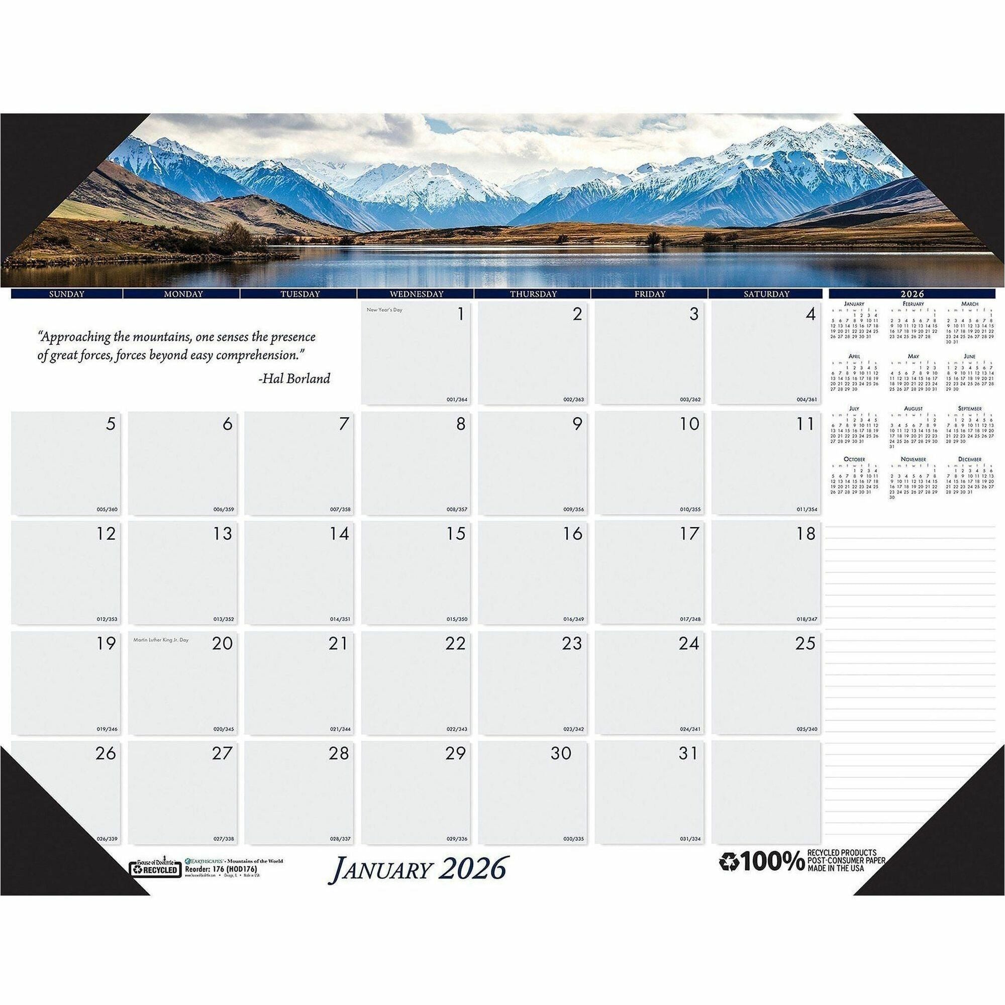 Earthscapes Recycled Monthly Desk Pad Calendar, Mountains of the World Photos, 22 x 17, Black Corners,12-Month(Jan-Dec): 2024