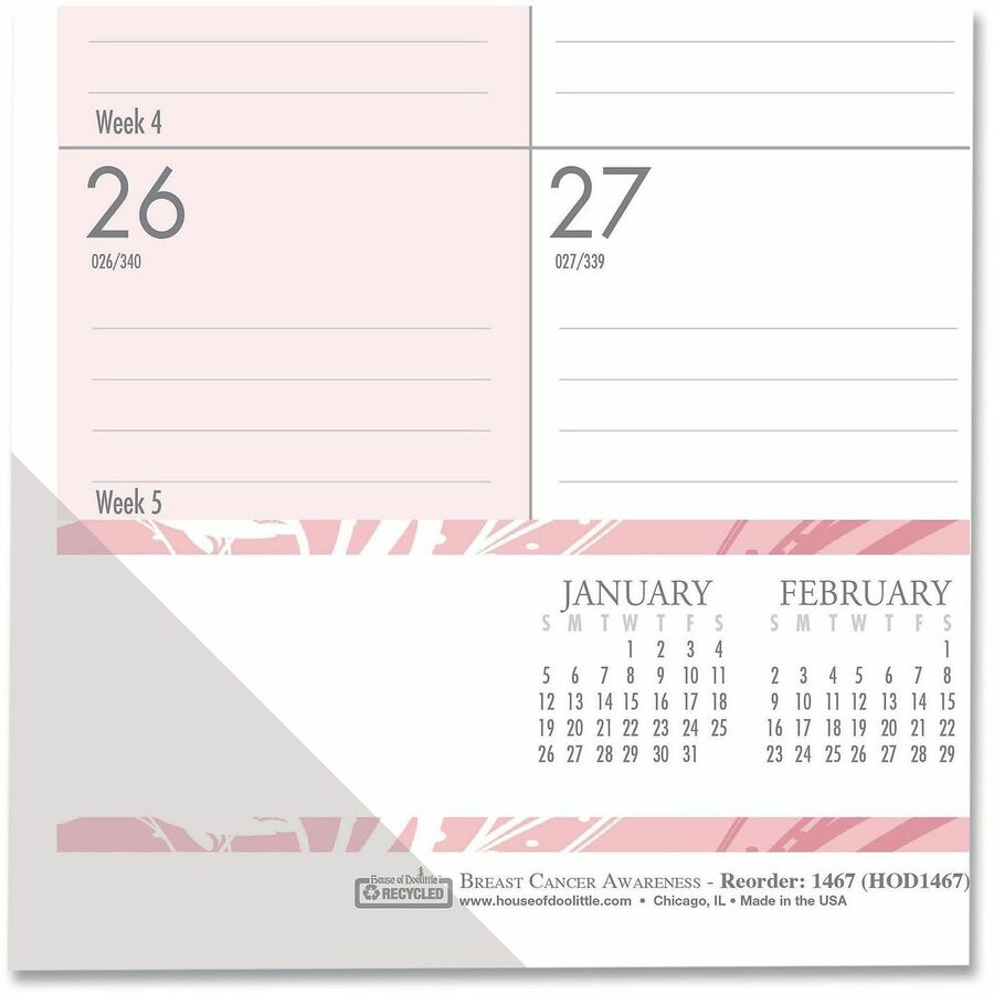Recycled Monthly Desk Pad Calendar, Breast Cancer Awareness Artwork, 18.5 x 13, Black Binding/Corners,12-Month(Jan-Dec): 2024