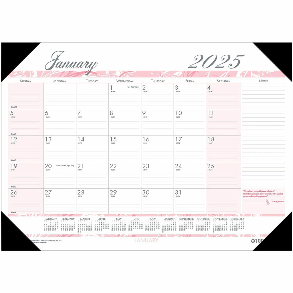 Recycled Monthly Desk Pad Calendar, Breast Cancer Awareness Artwork, 18.5 x 13, Black Binding/Corners,12-Month(Jan-Dec): 2024