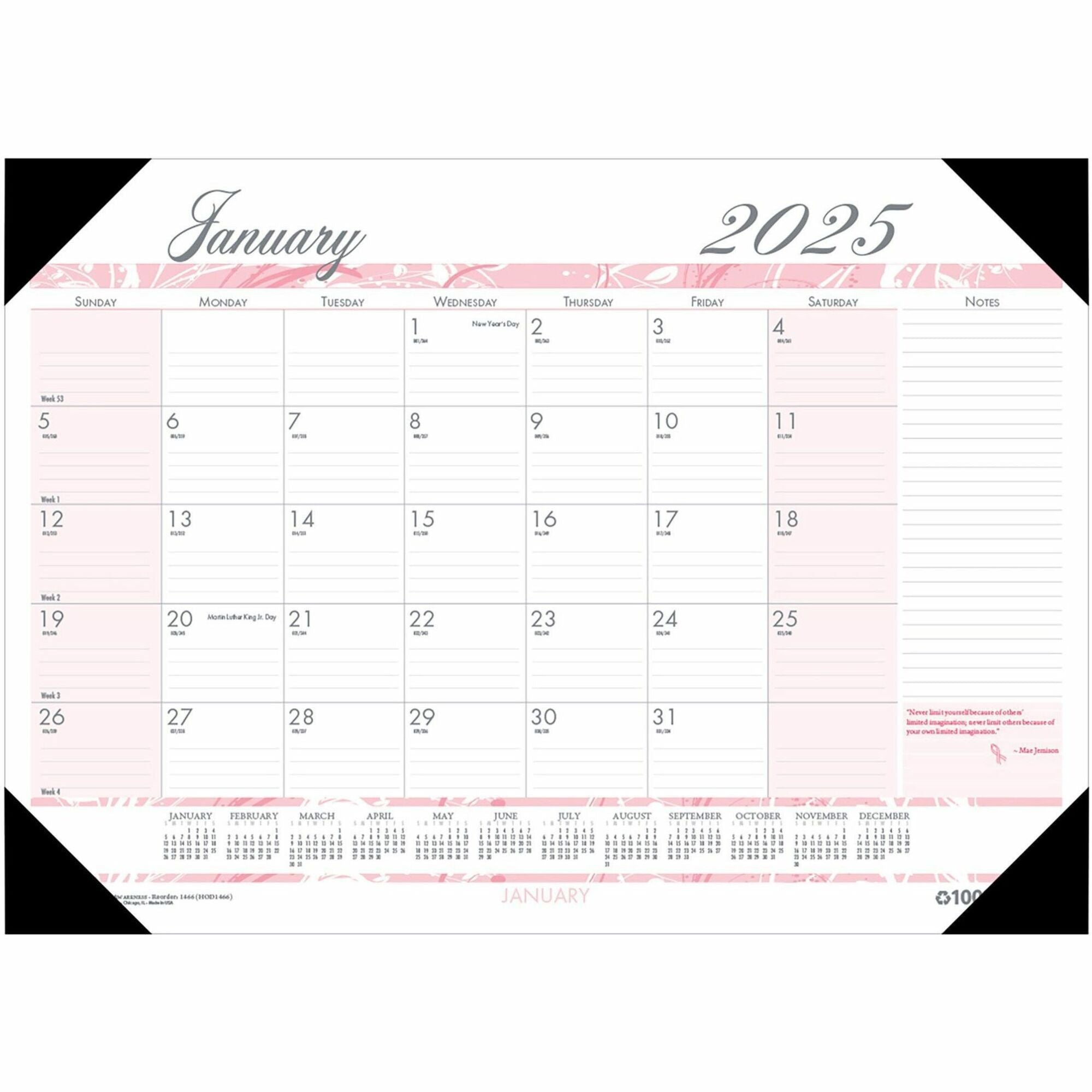 Recycled Monthly Desk Pad Calendar, Breast Cancer Awareness Artwork, 18.5 x 13, Black Binding/Corners,12-Month(Jan-Dec): 2024