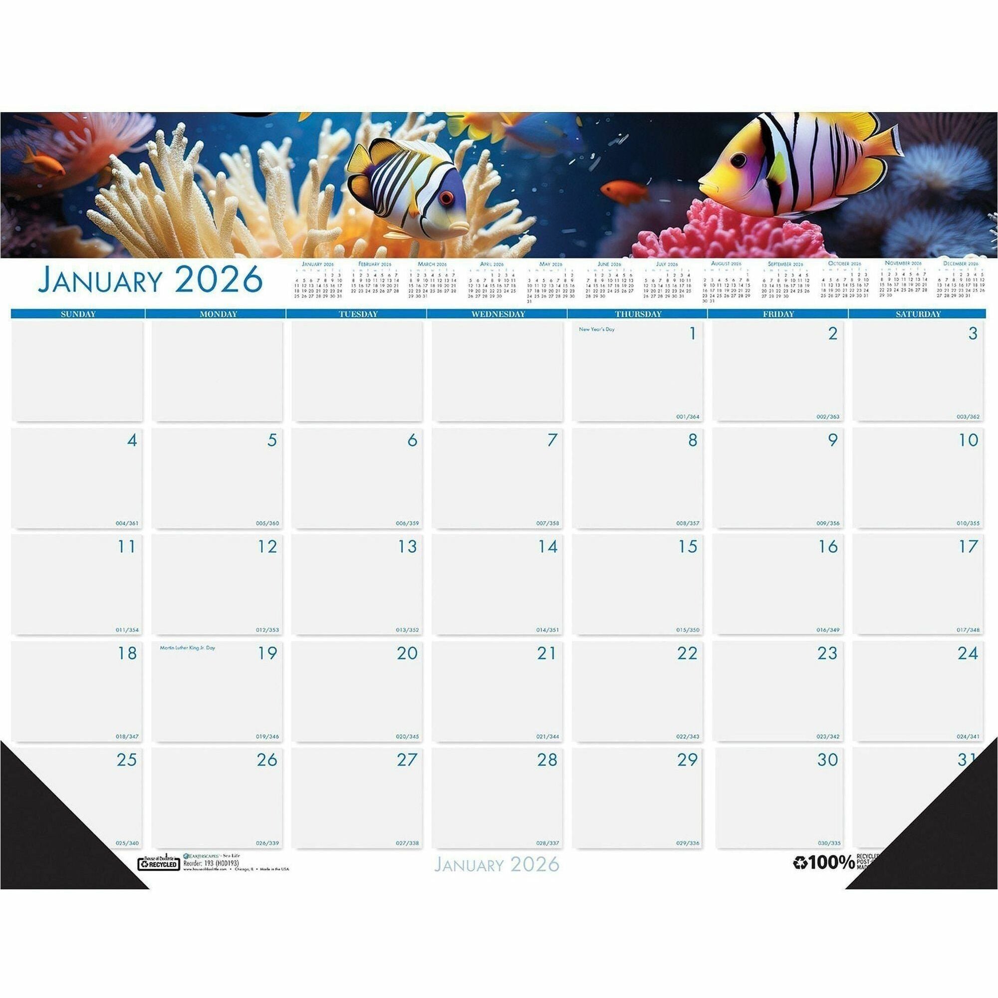 House of Doolittle EarthScapes Sea Life Desk Pads - Julian Dates - Monthly - 12 Month - January 2024 - December 2024 - 1 Month Single Page Layout - 22" x 17" Sheet Size - 2.25" x 3.06" Block - Desk Pad - White - Leatherette, Paper - Holder, Notepad,