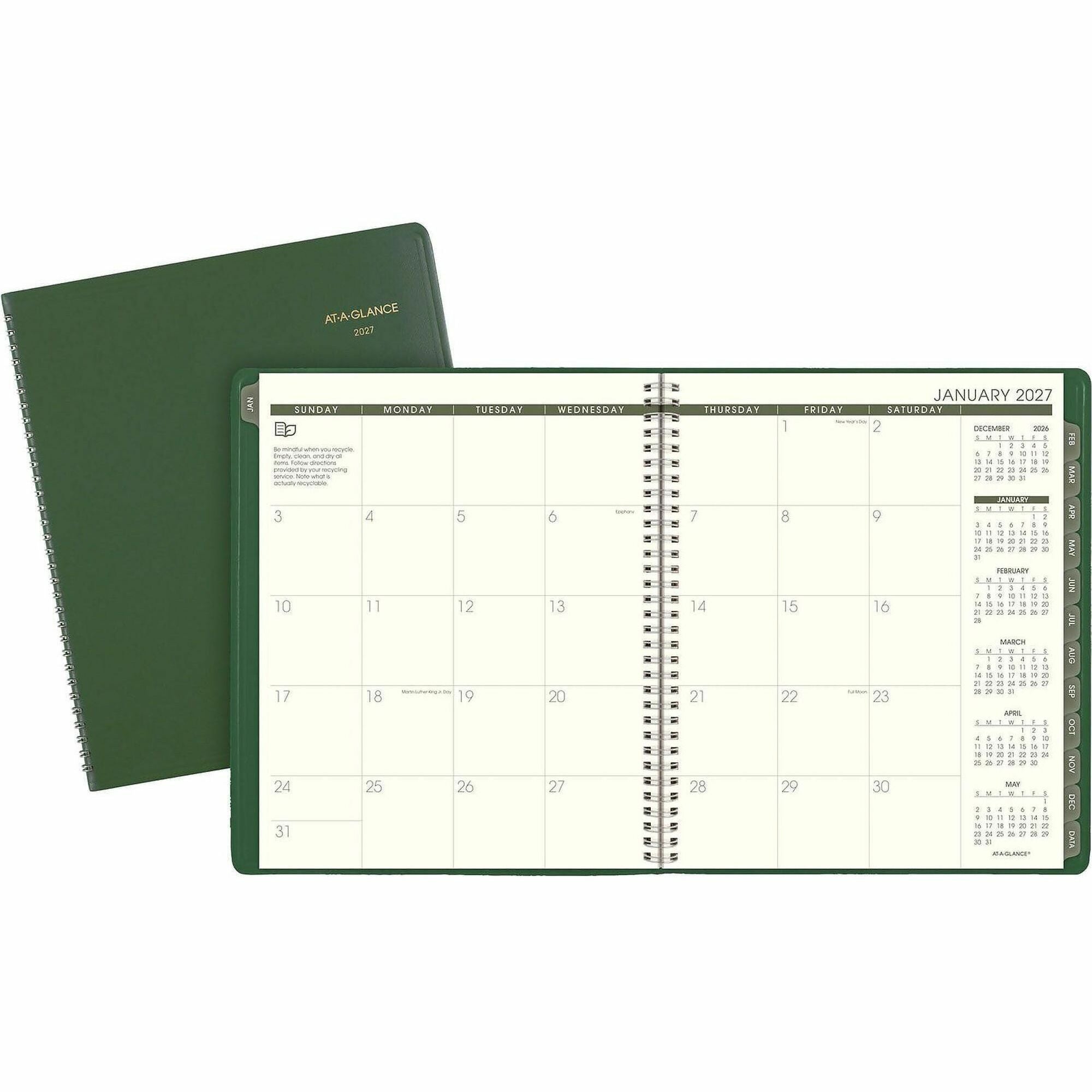 Recycled Monthly Planner, 11 x 9, Green Cover, 13-Month (Jan to Jan): 2024 to 2025