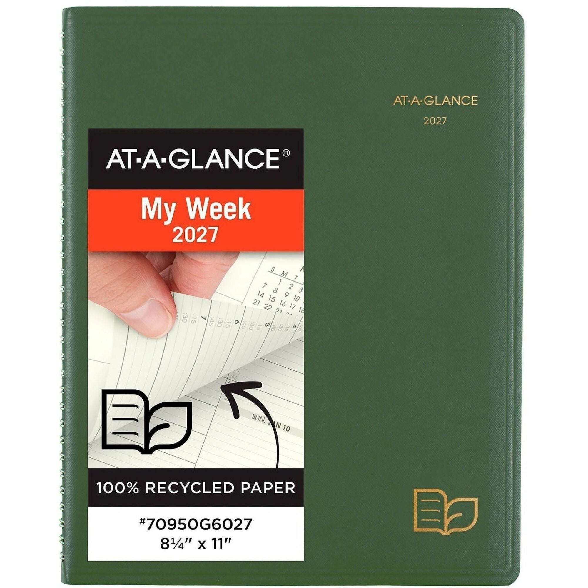 Recycled Weekly Vertical-Column Format Appointment Book, 11 x 8.25, Green Cover, 12-Month (Jan to Dec): 2024