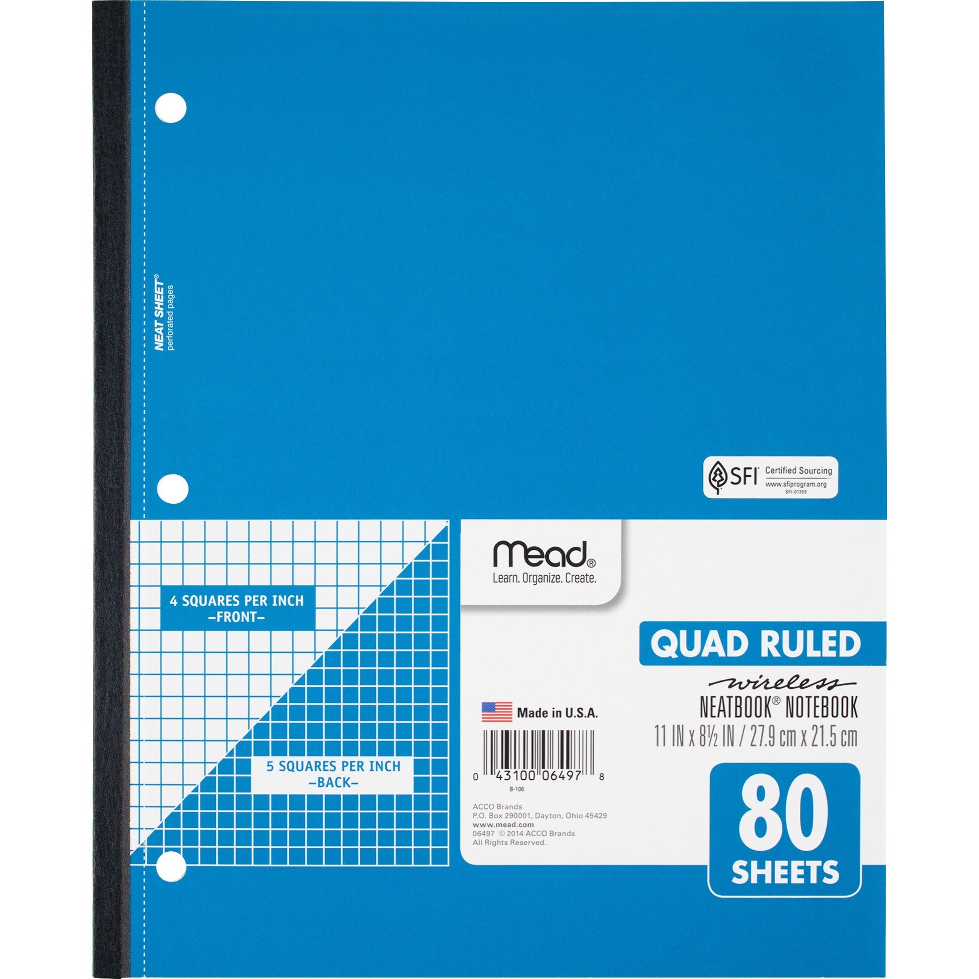 Mead Quad Wireless Neatbook Notebook - Letter - 80 Sheets - Both Side Ruling Surface - Letter - 8 1/2" x 11" - White Paper - Micro Perforated - 1 Each - 