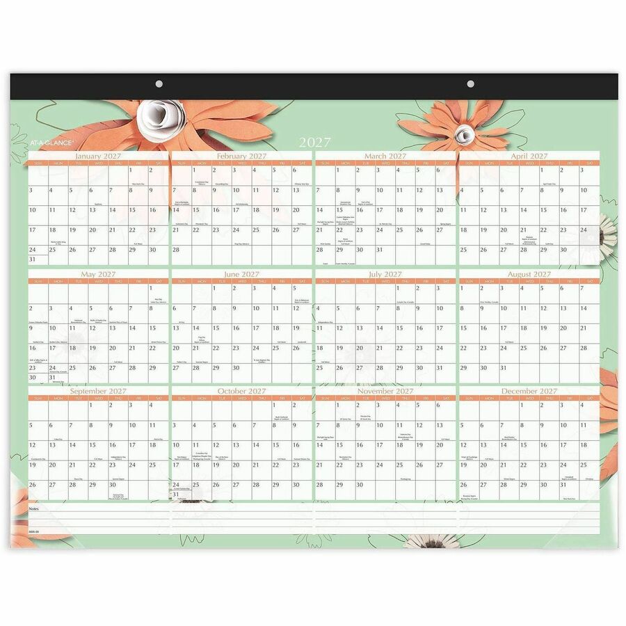 Paper Flowers Desk Pad, Floral Artwork, 22 x 17, Black Binding, Clear Corners, 12-Month (Jan to Dec): 2024
