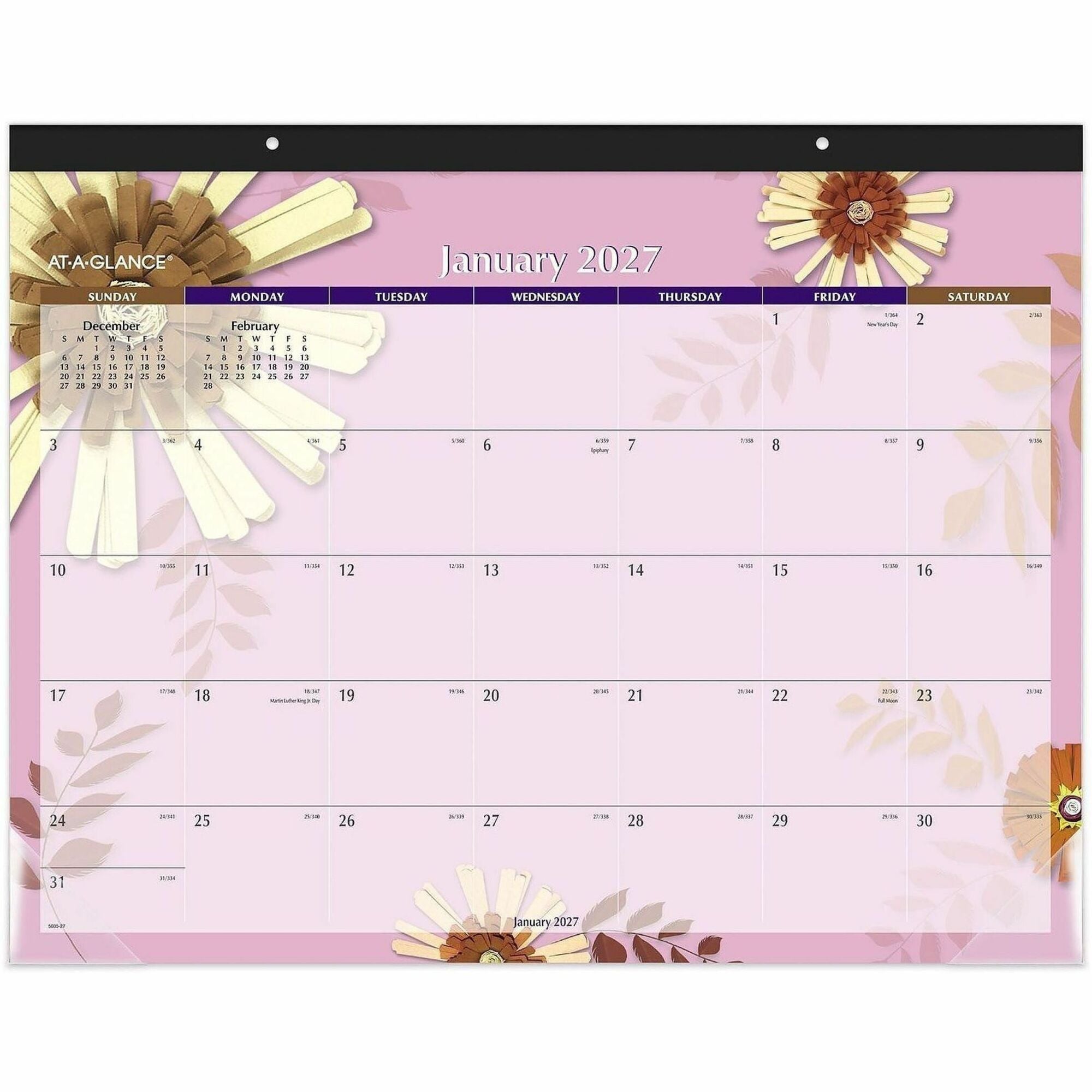 Paper Flowers Desk Pad, Floral Artwork, 22 x 17, Black Binding, Clear Corners, 12-Month (Jan to Dec): 2024