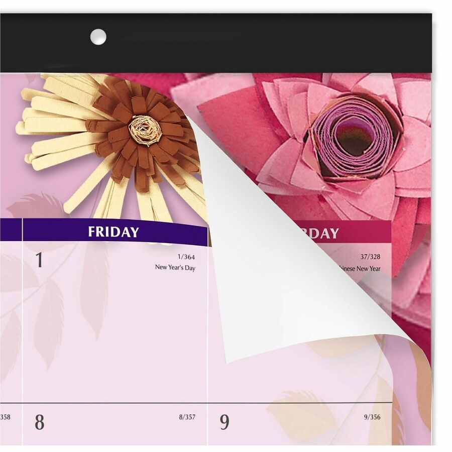 Paper Flowers Desk Pad, Floral Artwork, 22 x 17, Black Binding, Clear Corners, 12-Month (Jan to Dec): 2024