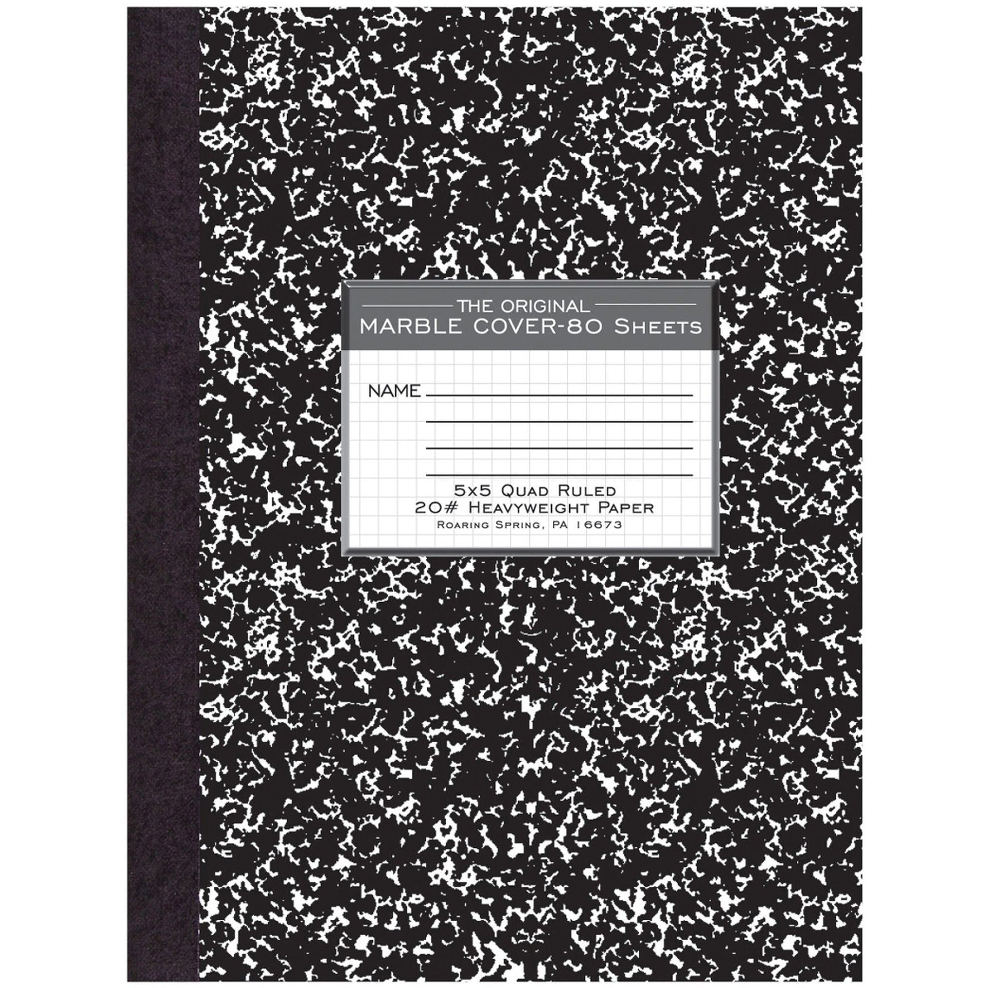 Roaring Spring Black Marble Composition Book - 80 Sheets - 160 Pages - Printed - Sewn/Tapebound - Both Side Ruling Surface - 20 lb Basis Weight - 10 1/4" x 7 7/8" - 0.50" x 7.9" x 10.3" - White Paper - Black Binding - Black Marble Marble Clay, White - 
